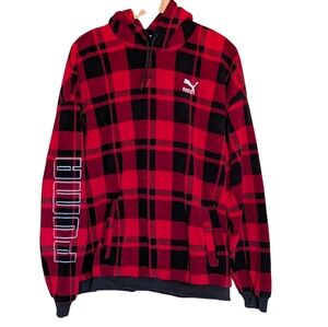Puma Check Polar Hoodie Red and Black Plaid Size L Spellout Logo Streetwear